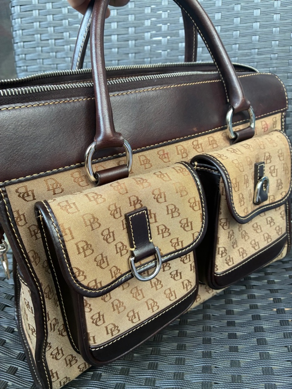 Dooney & Bourke Brown and Tan Signature Double-Pocket Satchel - Picture 14 of 16